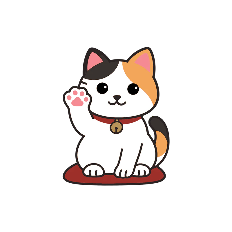 座布団に座って手招きする三毛猫のイラスト